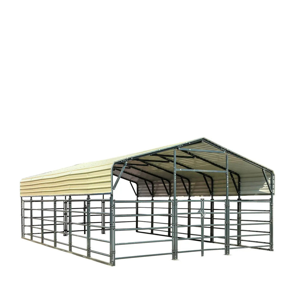 20' x 30' Livestock Corral Panel Metal Shed, 7' Sidewall Height, 5' Corral Panel Height, 600 Sq-Ft, 27 GA Corrugated Panels, TMG-MS2030LC