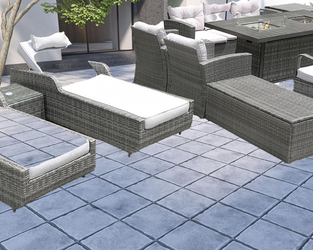 Twelve Piece Outdoor Gray Wicker Multiple Chairs Seating Group Fire Pit Included with White Cushions