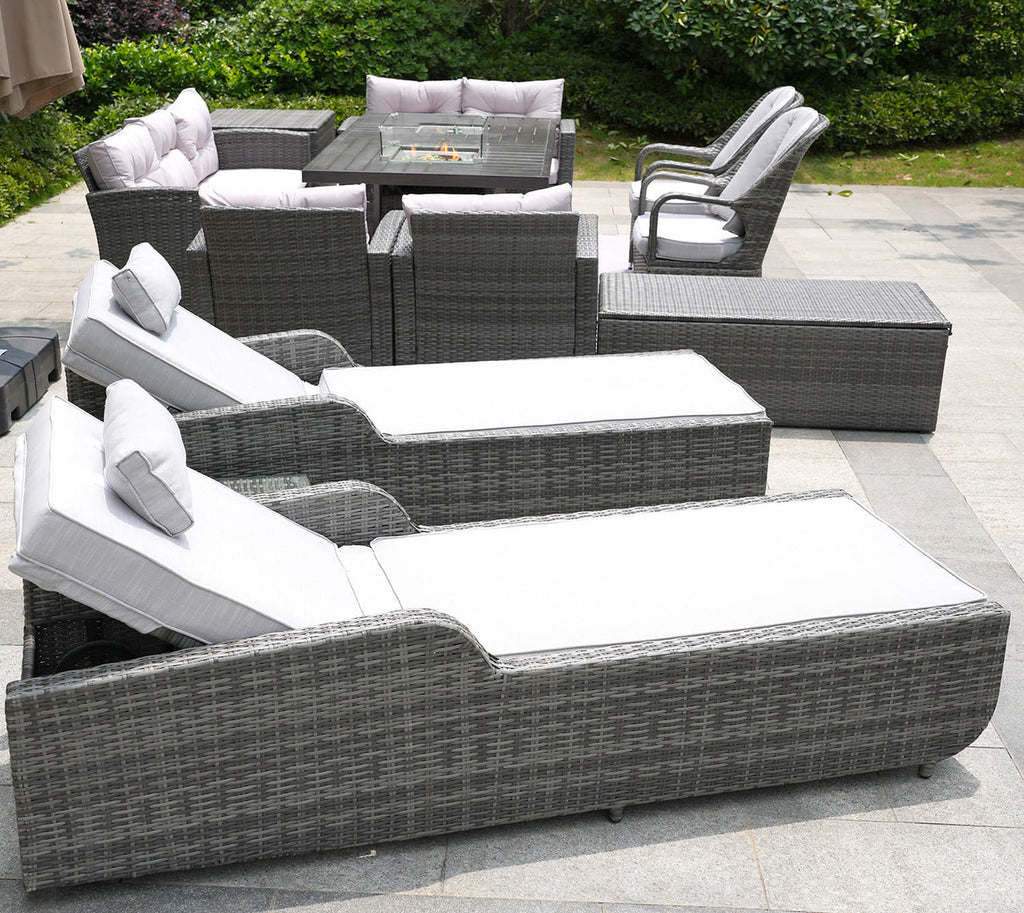 Twelve Piece Outdoor Gray Wicker Multiple Chairs Seating Group Fire Pit Included with White Cushions