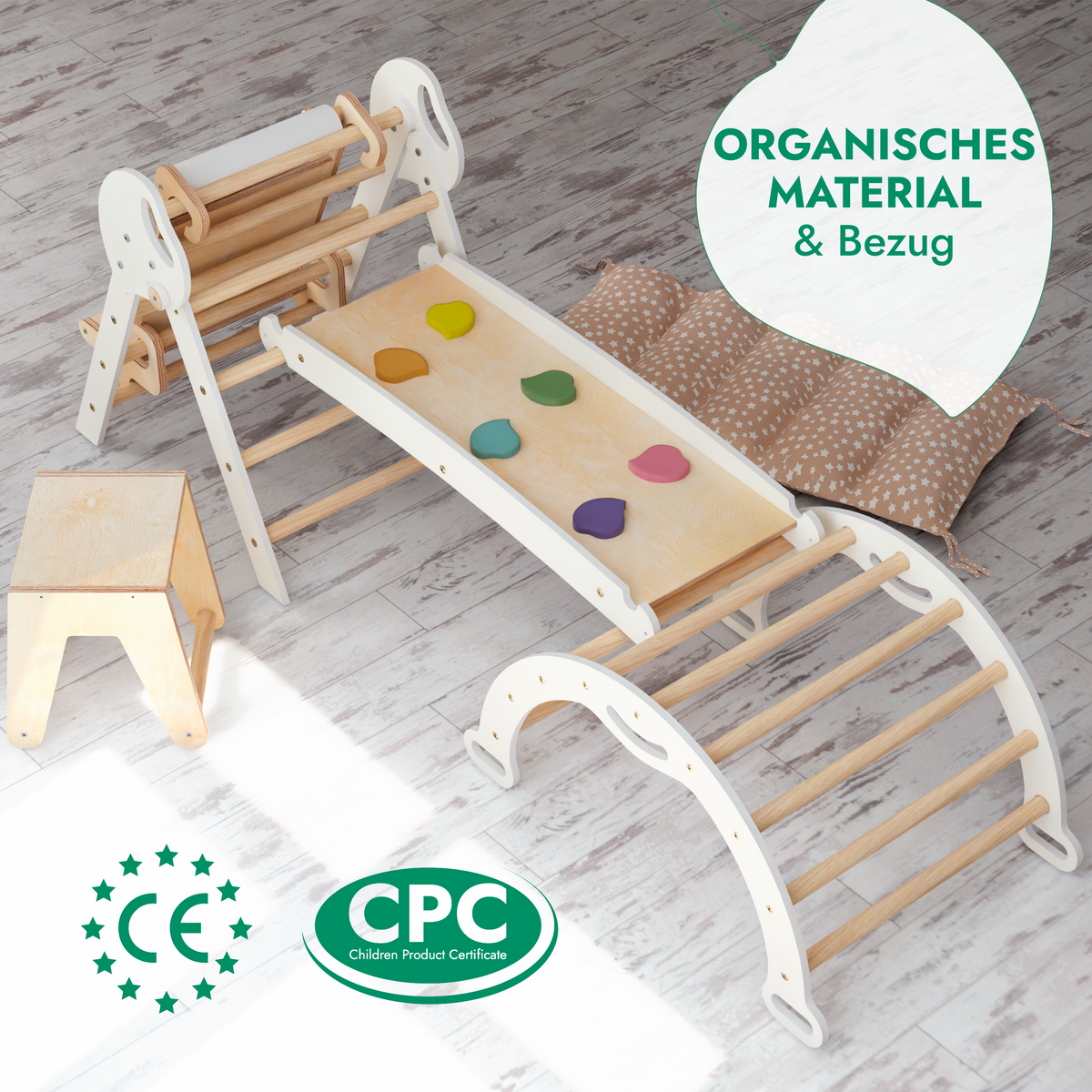 Montessori 5in1 Kletterdreieck für Babys: Pikler-Dreieck, Kletterbogen, Kunst-Erweiterung ,Rutschbrett und Kissen für Kleinkinder (1–3 Jahre)