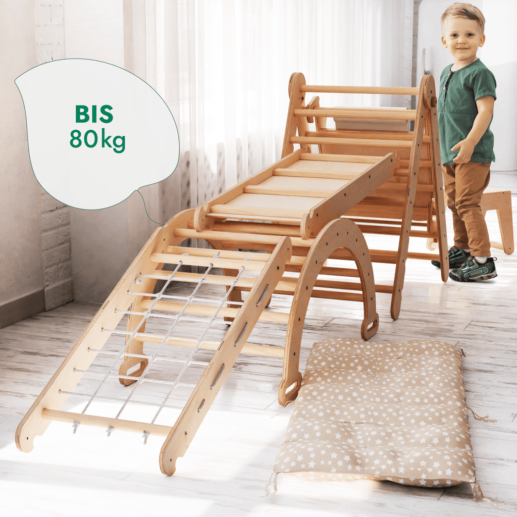 7in1 Montessori Klettergerüst Set: Kletterdreieck, Kletterbogen mit Kissen, Rutsche, Kletternetz, Maltafel und Kinderstuhl, für Kinder 1-7 Jahre – Beige