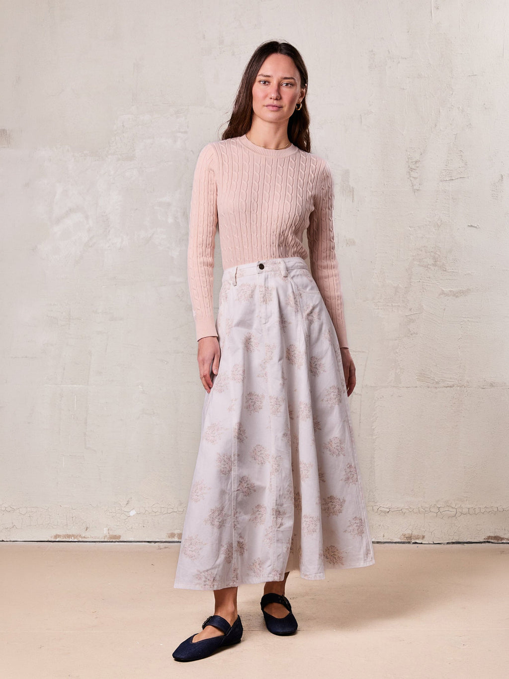 Crew Neck Cable Sweater-Peach
