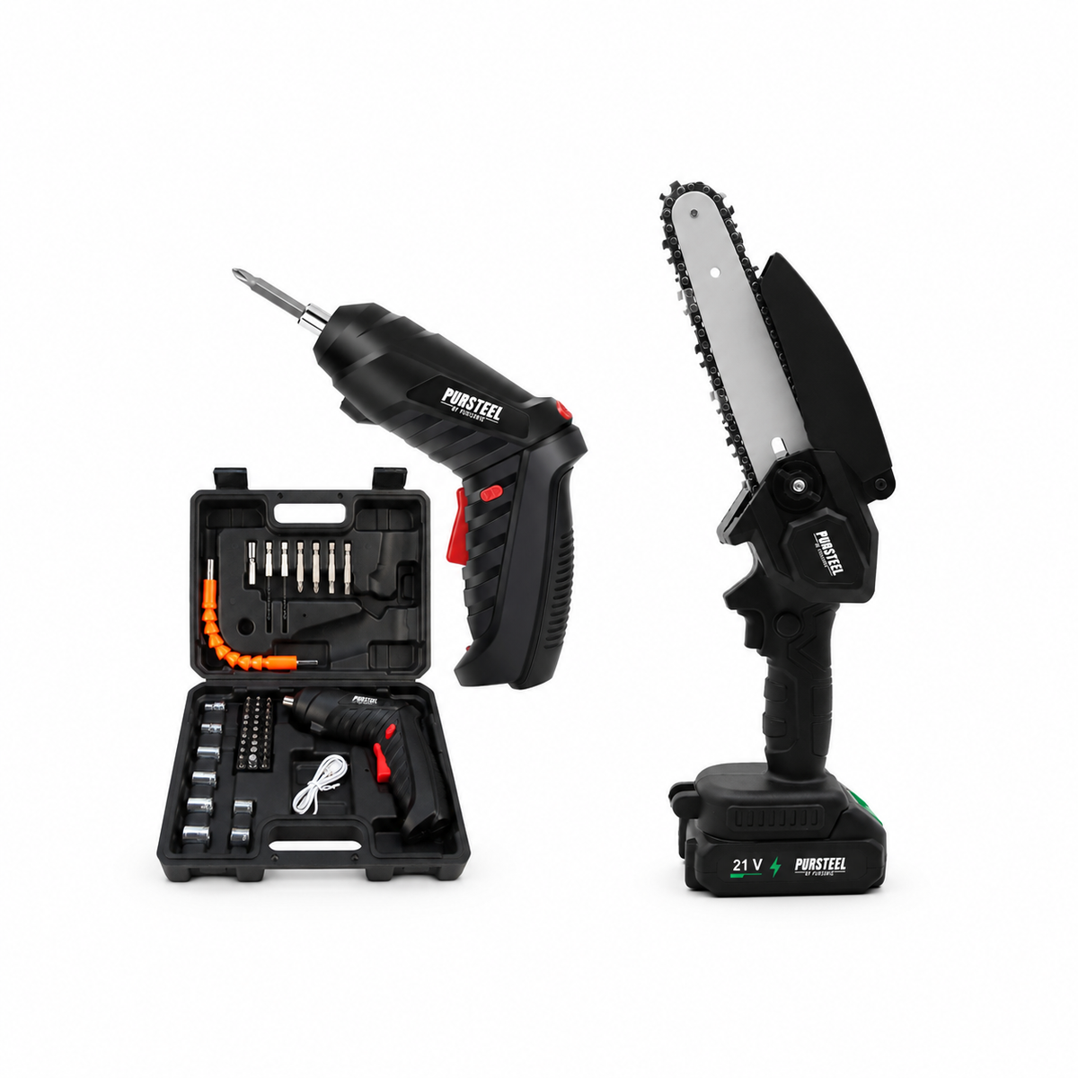 Rechargeable Electric Screwdriver 47-Piece Set & 6-Inch Cordless Mini Chainsaw Bundle