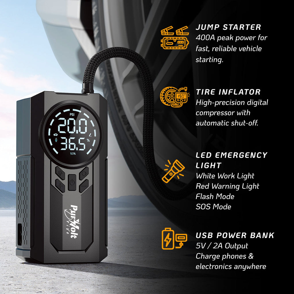 Roadside Emergency Bundle – 2-in-1 Jump Starter, Tire Inflator & UltraBright Rechargeable Flashlight