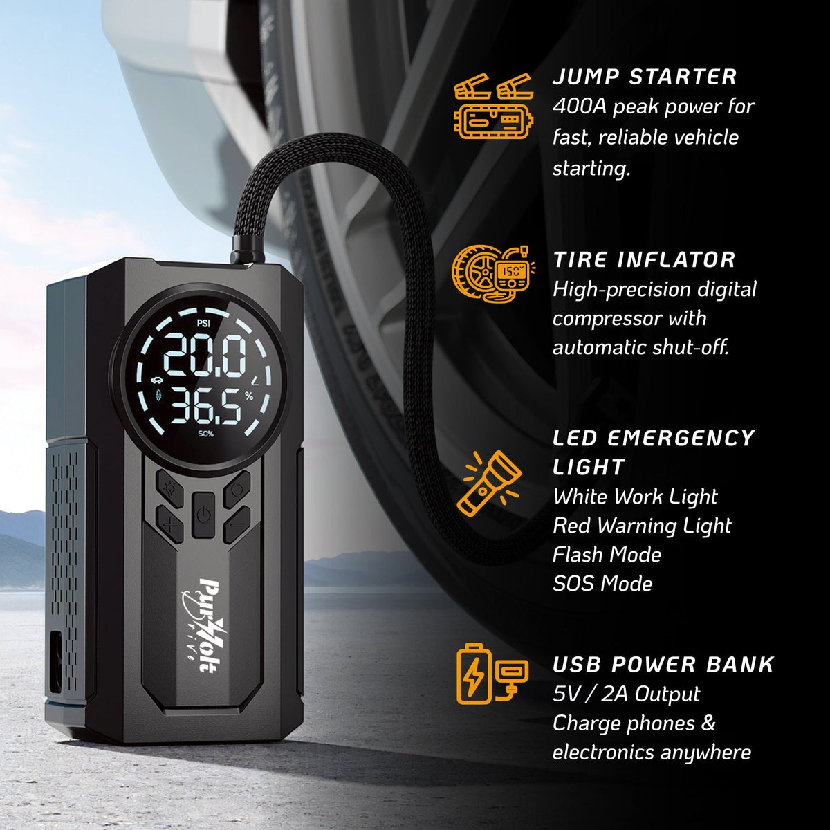 Roadside Emergency Bundle – 2-in-1 Jump Starter, Tire Inflator & UltraBright Rechargeable Flashlight