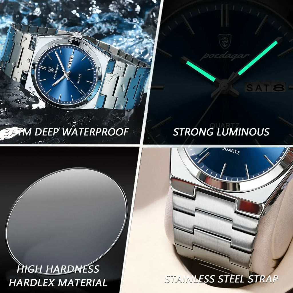 Color: Ivory - POEDAGAR Luxury Watch For Man Waterproof Luminous Date Week Stainless Steel Men Watc