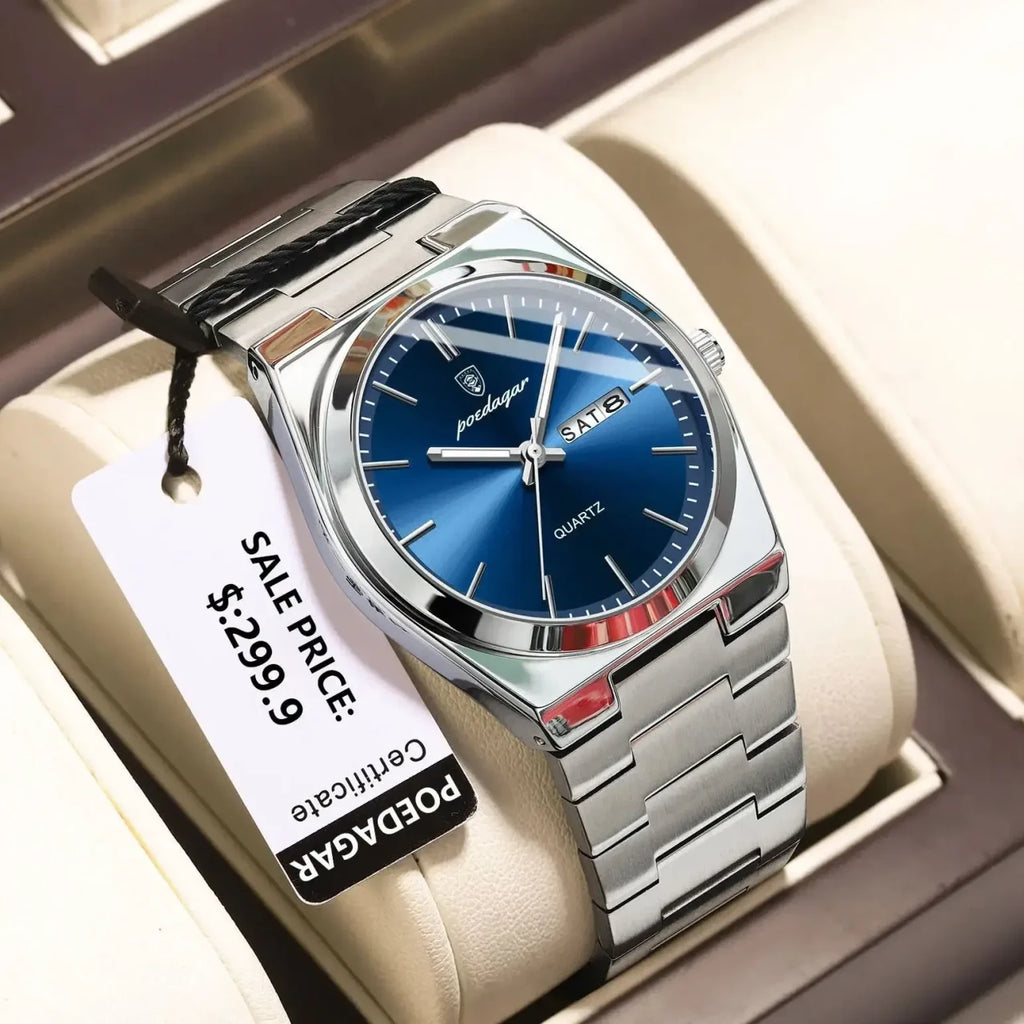 Color: Ivory - POEDAGAR Luxury Watch For Man Waterproof Luminous Date Week Stainless Steel Men Watc