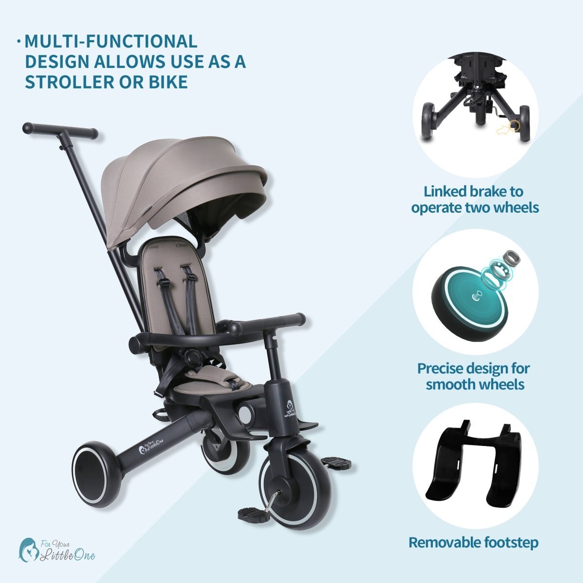 Foryourlittleone Xplor 6 in 1 Foldable Trike - Grey Olive (10m-4y)